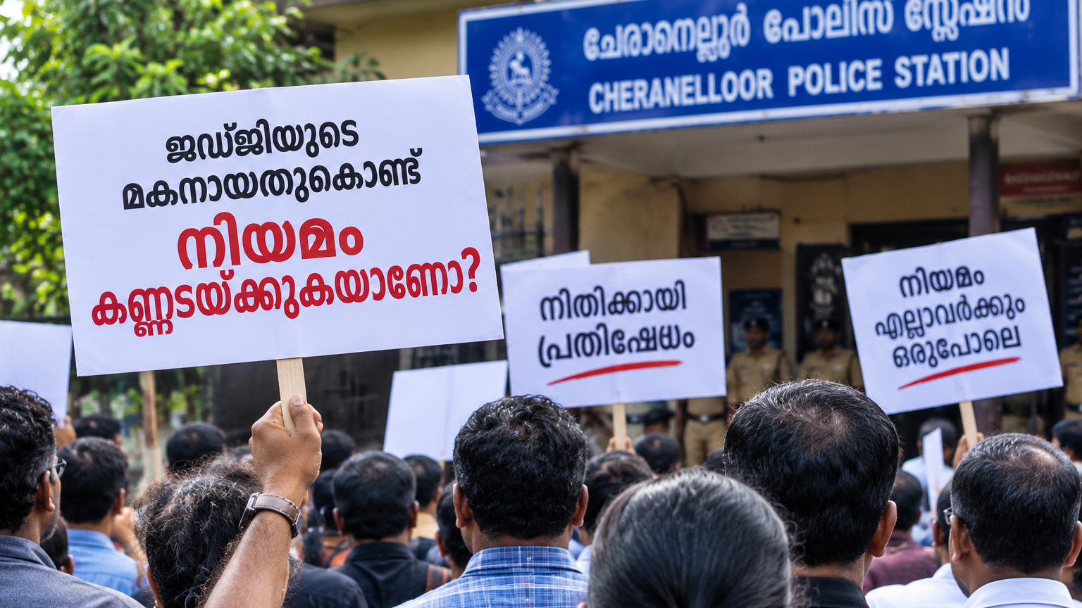 ജഡ്ജിയുടെ മകനായതുകൊണ്ട് നിയമം വഴിമാറുമോ? നീതിക്കായി ചേരാനെല്ലൂരിൽ പ്രതിഷേധം”