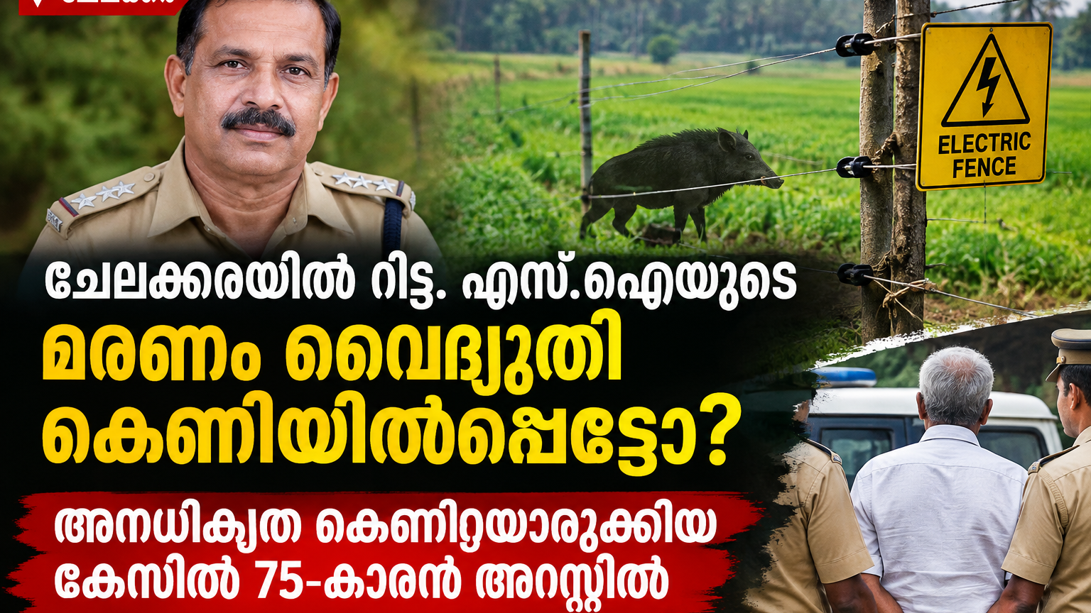 ചേലക്കരയിൽ റിട്ട. എസ്.ഐയുടെ മരണം വൈദ്യുതി കെണിയിൽപ്പെട്ടോ? അനധികൃത കെണിയൊരുക്കിയ കേസിൽ 75-കാരൻ അറസ്റ്റിൽ